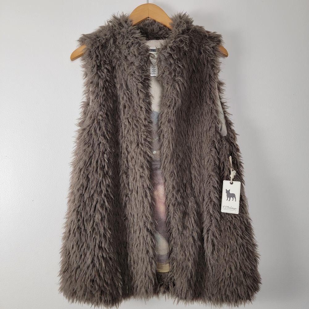 PJ Salvage Shaggy Faux Fur Vest Brown Medium Reversible Wild Horse